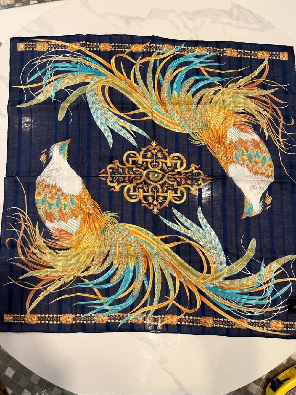 Italian Luxury Peacock Scarf - Navy, Gold & Teal 21X21